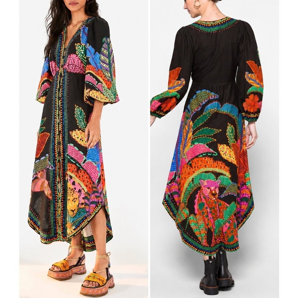 Farm Rio Black Cool Leopards Maxi Dress Linen Blend Size M Boho Eclectic NWOT